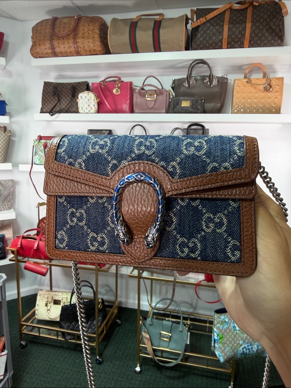 Gucci Brown Leather & Blue Denim Dionysus Crossbody Bag